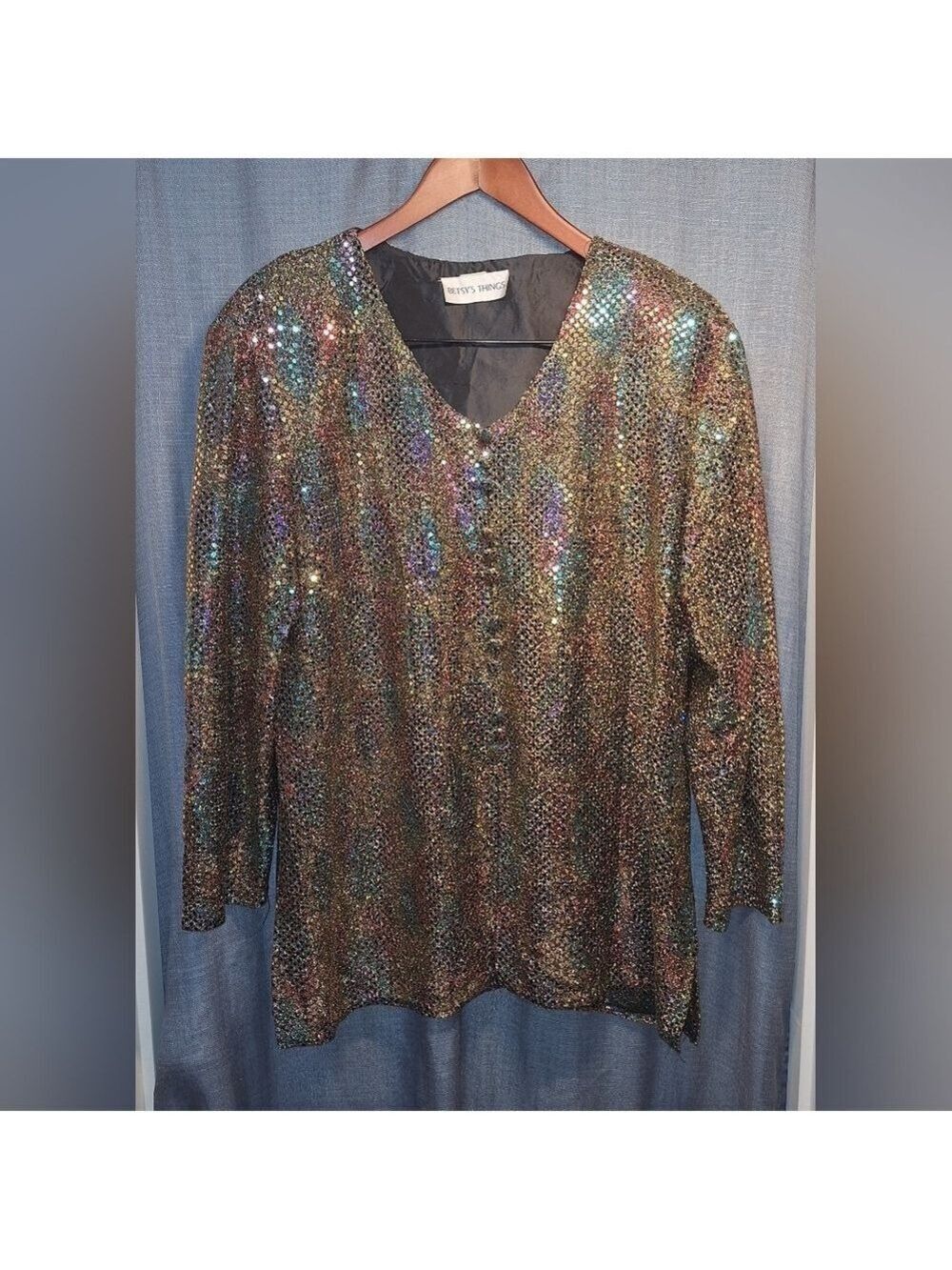 Vintage Rainbow Sequin Blouse Top 2XL